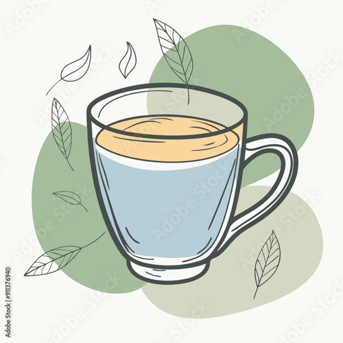 Vector illustration of a steaming hot cup of tea in blue, olive, and orange hues. Perfect for autumn-themed designs, cozy and comforting moments, and seasonal beverage advertisements. Ideal for fall 
