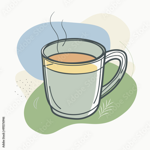 Vector illustration of a steaming hot cup of tea in blue, olive, and orange hues. Perfect for autumn-themed designs, cozy and comforting moments, and seasonal beverage advertisements. Ideal for fall 