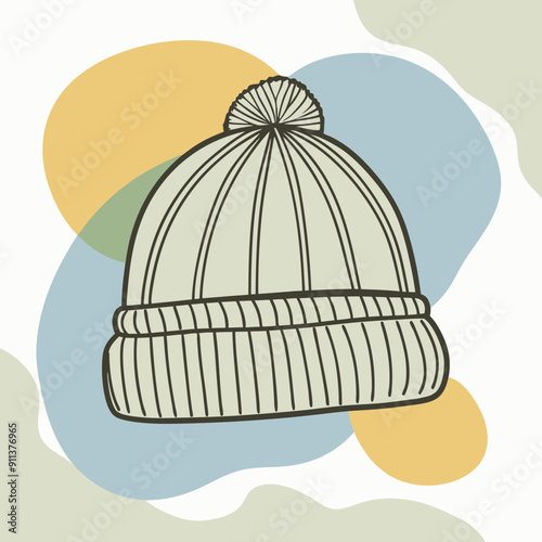 Vector illustration of warm knitted beanie hat in blue, olive, and orange autumn colors. Seasonal fall fashion accessory for cozy and comfortable cold weather. Perfect for autumn-themed designs