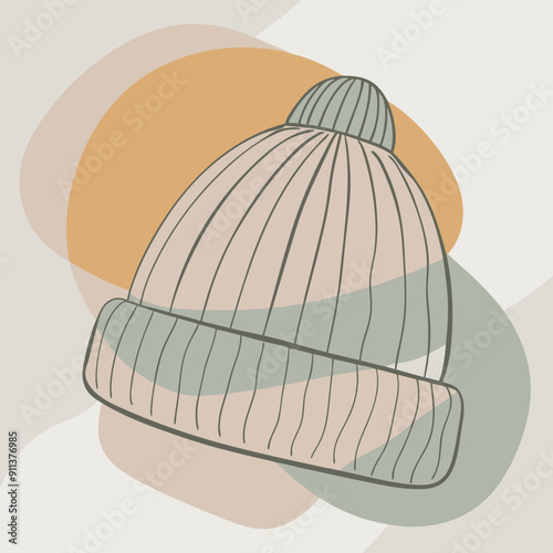 Vector illustration of warm knitted beanie hat in blue, olive, and orange autumn colors. Seasonal fall fashion accessory for cozy and comfortable cold weather. Perfect for autumn-themed designs