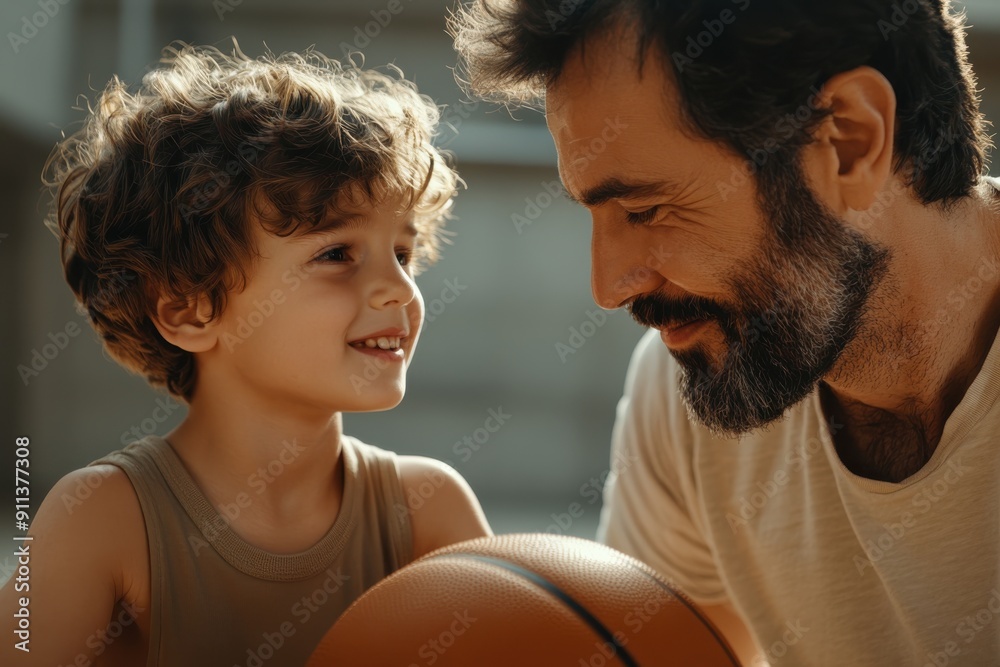 A father takes time to teach his young son the essentials of basketball on a sunlit court, symbolizing mentorship, guidance, and the pleasures of outdoor play. A father takes time to teach his young son the essentials of basketball on a sunlit court, symbolizing mentorship, guidance, and the pleasures of outdoor play.