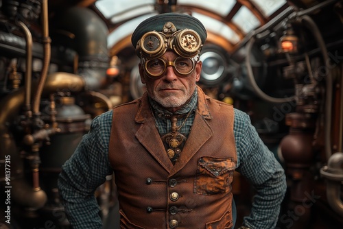 Wallpaper Mural A vintage steampunk engineer, dressed in classic attire, stands confidently in a mechanical control room, embodying the innovation and charm of the steampunk era. Torontodigital.ca