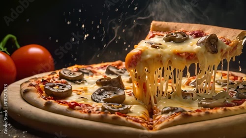 Video footage of freshly baked pizza with a slice being lifted, causing strings of melted cheese to stretch from the main portion