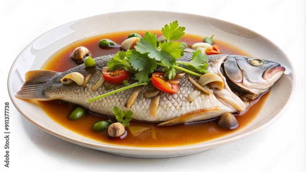 Steamed sea bass with soy sauce and shiitake mushrooms and garnish with coriander leaves in a white plate isolated on white background It is a popular menu in Thailand High protein low : Generative AI Steamed sea bass with soy sauce and shiitake mushrooms and garnish with coriander leaves in a white plate isolated on white background It is a popular menu in Thailand High protein low : Generative AI