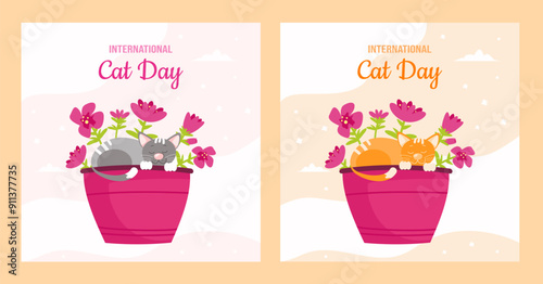 Set of postcards with a cat in a flower pot for
International cat day (August 8th). 
Grey and red cat in flower pots.
