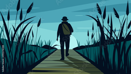 A silhouette of a hiker walking along a boardwalk through a wetland, with reeds swaying in the breeze