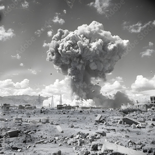 n the background, there is an explosion of a mushroom cloud  City during World War II, surrounded by rubble and destroyed buildings.