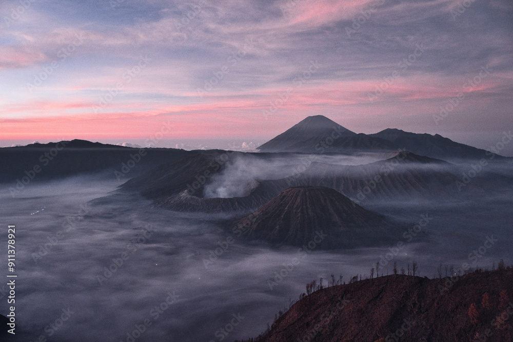 Mount Bromo volcano (Gunung Bromo) during sunrise on Mount Penanjakan, in East Java, Indonesia.