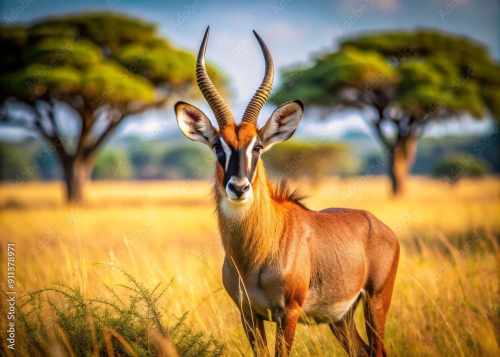 A majestic roan antelope stands alert on the sun-kissed savannah, its reddish-brown coat glistening, ears perked, and eyes vigilant, surrounded by tall grasses and acacia trees. A majestic roan antelope stands alert on the sun-kissed savannah, its reddish-brown coat glistening, ears perked, and eyes vigilant, surrounded by tall grasses and acacia trees.