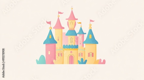 A creative logo design of a whimsical castle with pastel colors and fairy tale elements, capturing a dreamy and enchanting feel.
