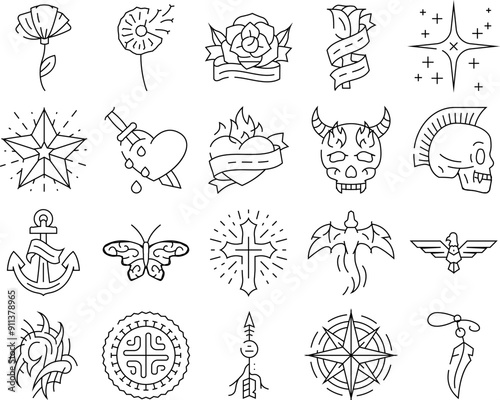tattoo retro vintage icons set vector. heart, fashion rose, font old school, traditional flame, hand gothic, swallow tattoo retro vintage black contour illustrations