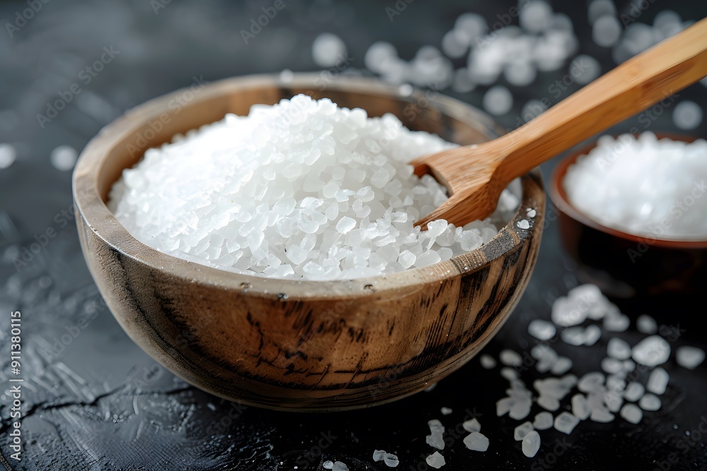 Sea Salt in Wooden Bowl on Black Background Sea Salt in Wooden Bowl on Black Background