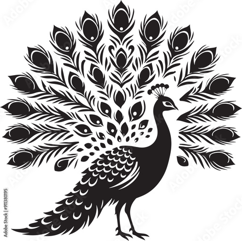 Pecock black and white vector silhouette