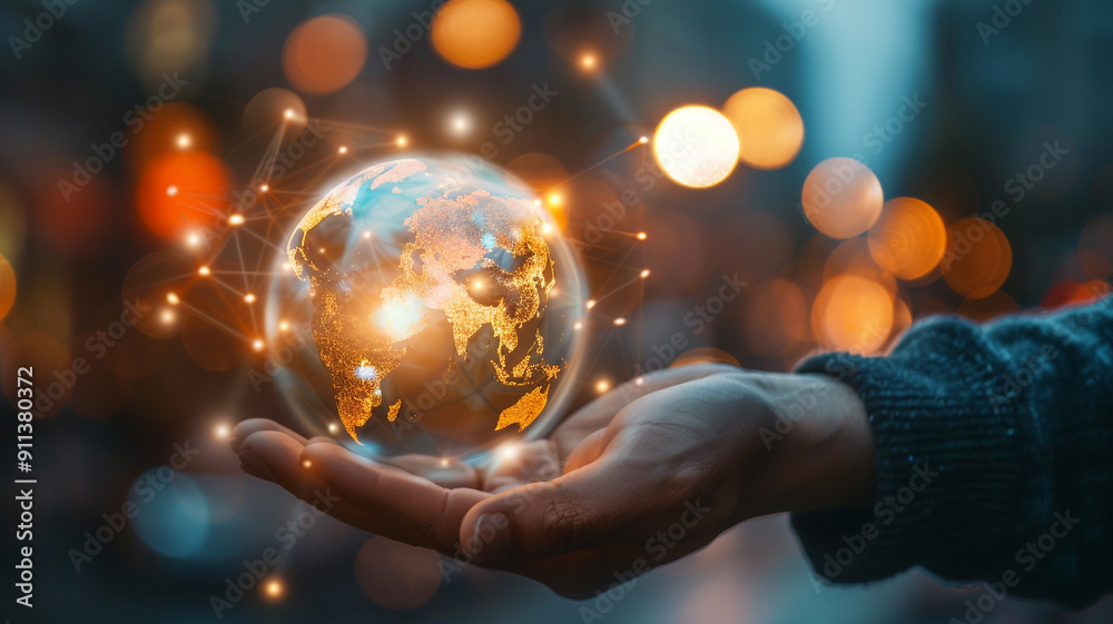 Fototapeta premium glowing world in hands of businessman. - business global concept.