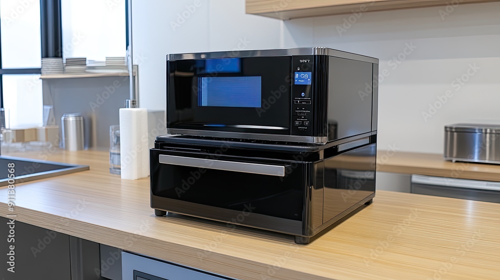A sleek black microwave sits on a wooden countertop beside fresh herbs and colorful fruit, illuminated by natural light from large windows A sleek black microwave sits on a wooden countertop beside fresh herbs and colorful fruit, illuminated by natural light from large windows