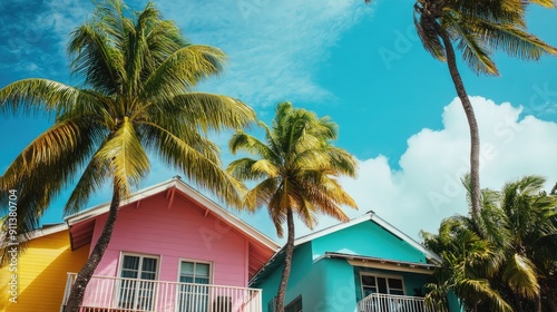 A tropical setting with brightly colored houses in shades of turquoise, yellow, and coral, surrounded by palm trees.