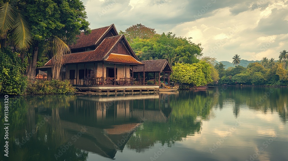 An authentic Thai house by a riverside, with a serene reflection in the water, capturing the tranquil lifestyle.