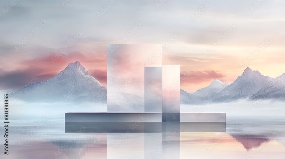 Abstract minimal product display with geometric shapes and misty mountain backdrop at sunset. Perfect for showcasing beauty, tech, or lifestyle products. Abstract minimal product display with geometric shapes and misty mountain backdrop at sunset. Perfect for showcasing beauty, tech, or lifestyle products.