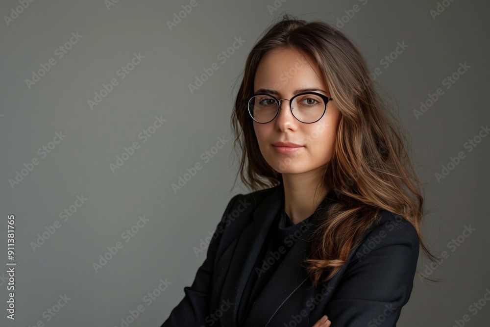 Corporate woman with a plain background for promotional copy.
