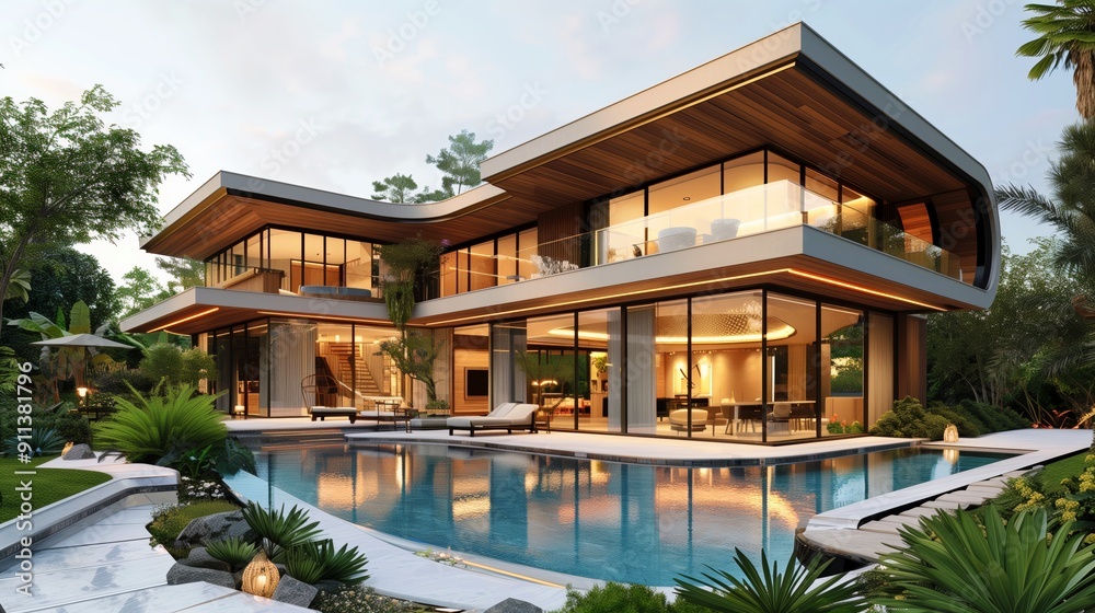 Fototapeta premium Luxurious tropical villa, modern design with a pool surrounded by lush greenery