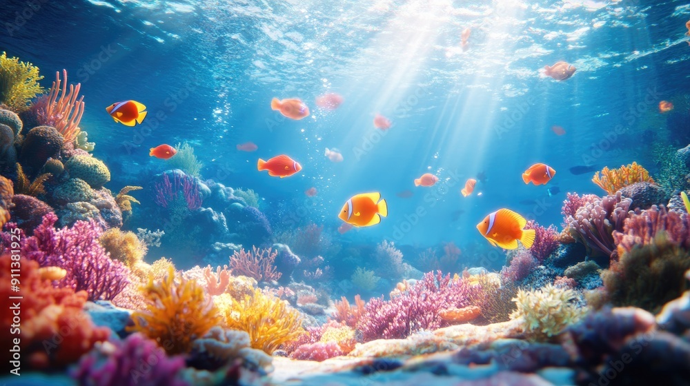 Naklejka premium An underwater scene with vibrant coral reefs and colorful fish swimming, perfect for marine-themed campaigns.