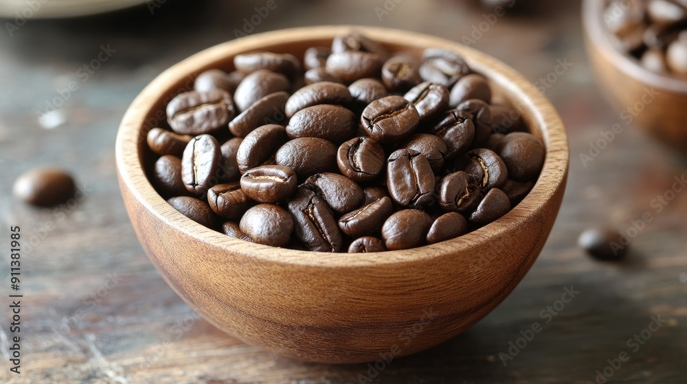 Fototapeta premium Arabica coffee beans in a wooden bowl, emphasizing their premium quality and natural appeal.