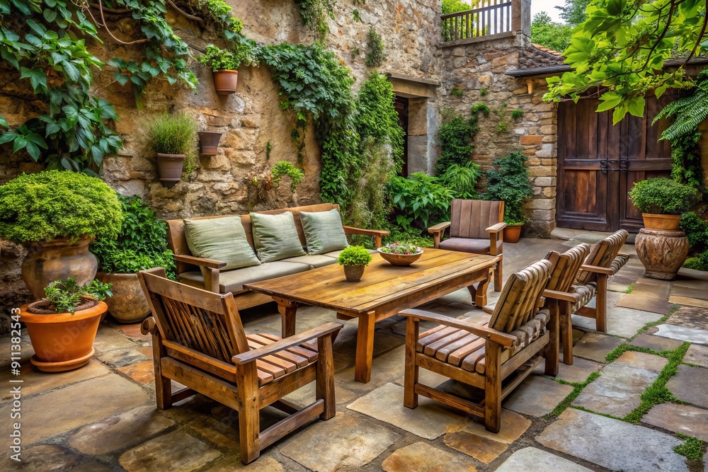 Fototapeta premium Rustic outdoor patio with aged wooden furniture, adorned with lush greenery, surrounded by natural stone walls, and featuring weathered flagstone flooring.