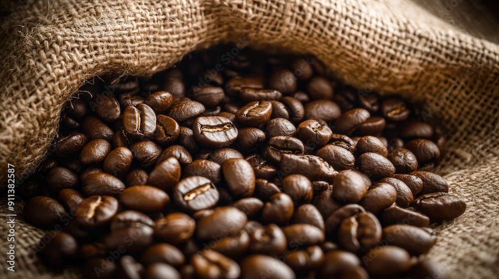 Coffee beans spilling out of a burlap sack, emphasizing their rustic and natural appeal. Coffee beans spilling out of a burlap sack, emphasizing their rustic and natural appeal.