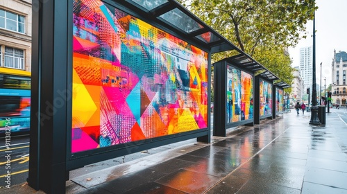 Creative outdoor advertising, such as a bus stop or building wrap, featuring bold graphics and messages designed to capture public attention