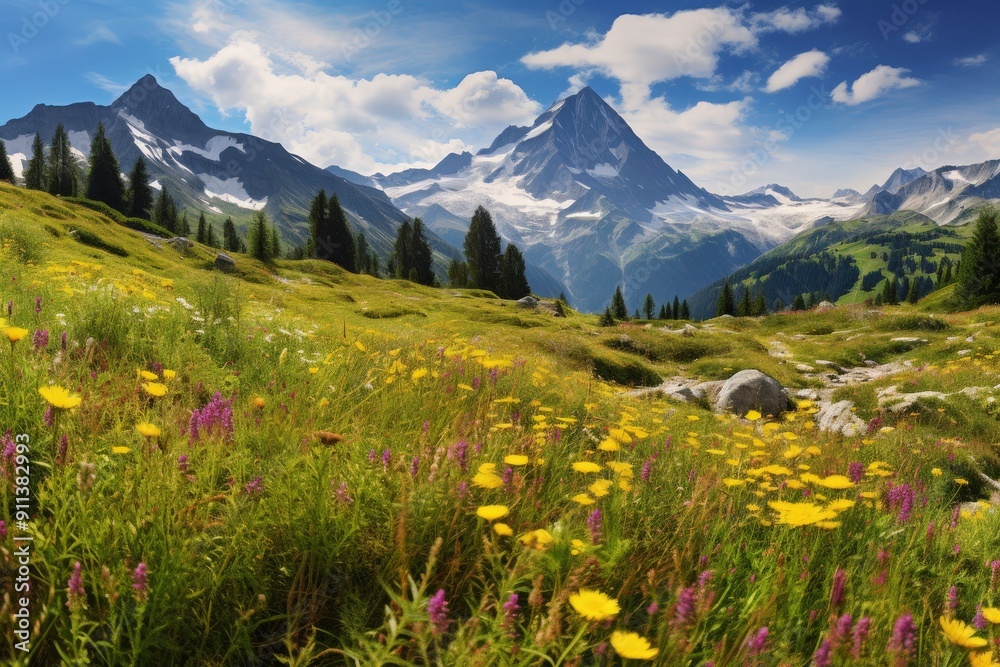 Breathtaking Alpine Meadow in Full Bloom at the Base of Majestic Swiss Mountains Breathtaking Alpine Meadow in Full Bloom at the Base of Majestic Swiss Mountains