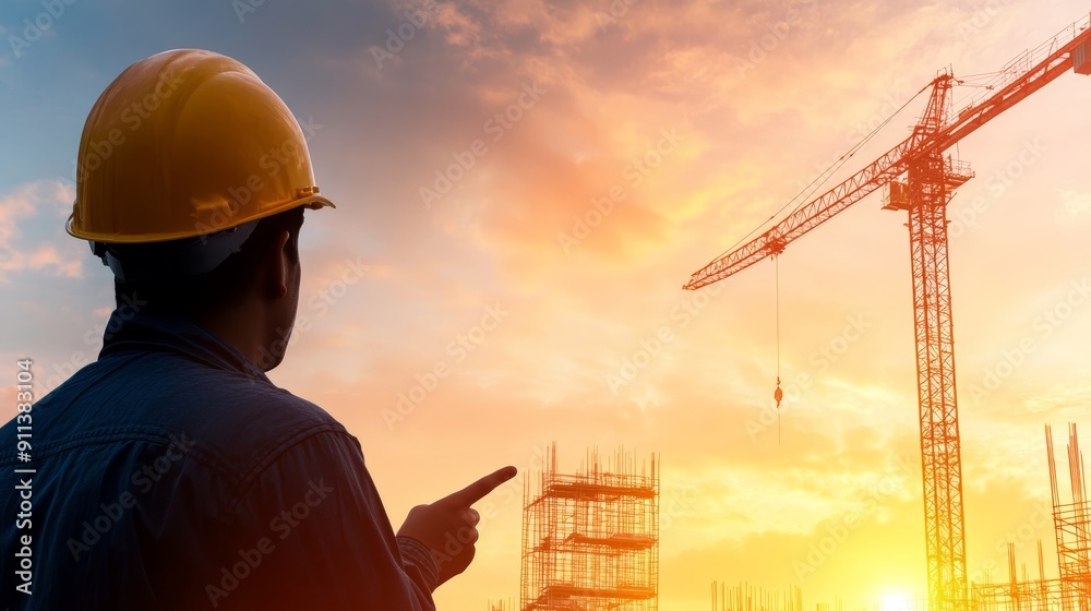 Construction worker in hard hat overlooking a construction site with a crane at sunset. Construction worker in hard hat overlooking a construction site with a crane at sunset.