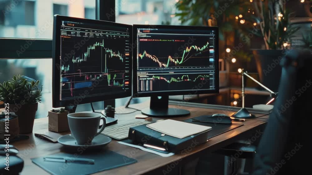 A desk with two computer monitors displaying stock market charts A desk with two computer monitors displaying stock market charts