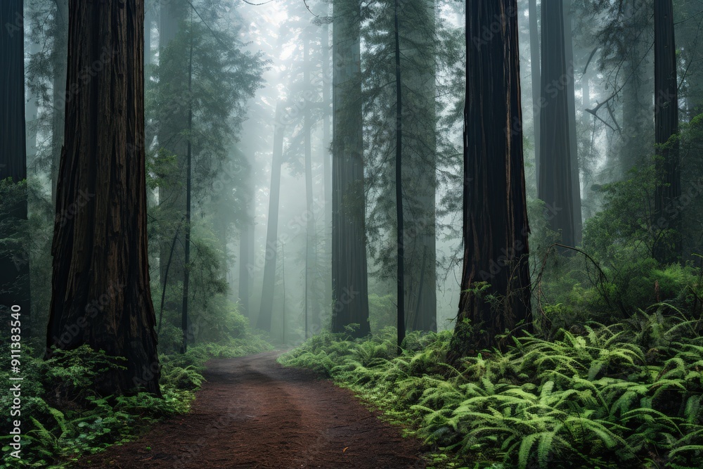 Obraz premium Enchanted Path Through a Misty Forest: A Journey into Nature's Serenity and Mystery
