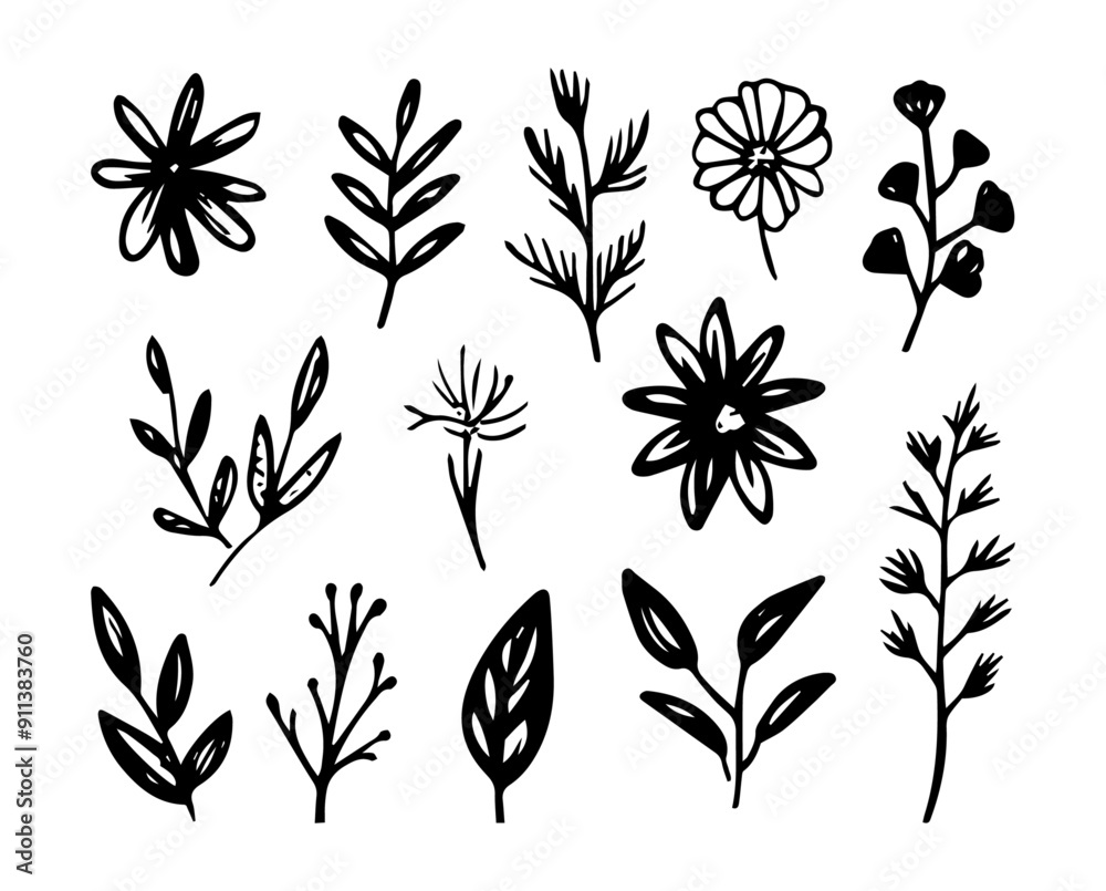 A collection of 12 hand-drawn black and white silhouettes of flowers and leaves. A collection of 12 hand-drawn black and white silhouettes of flowers and leaves.