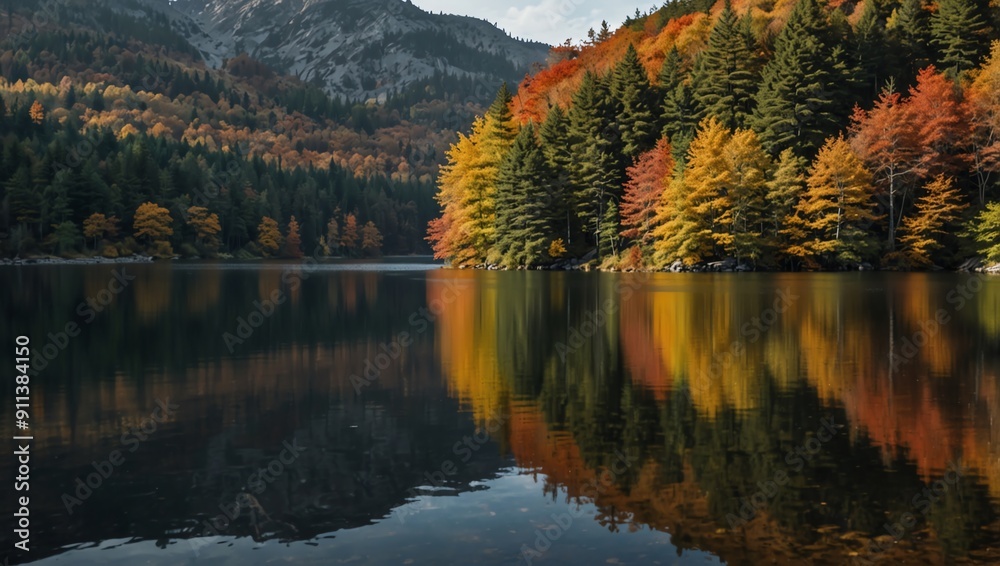 Fototapeta premium A calm lake with a mountain in the background.