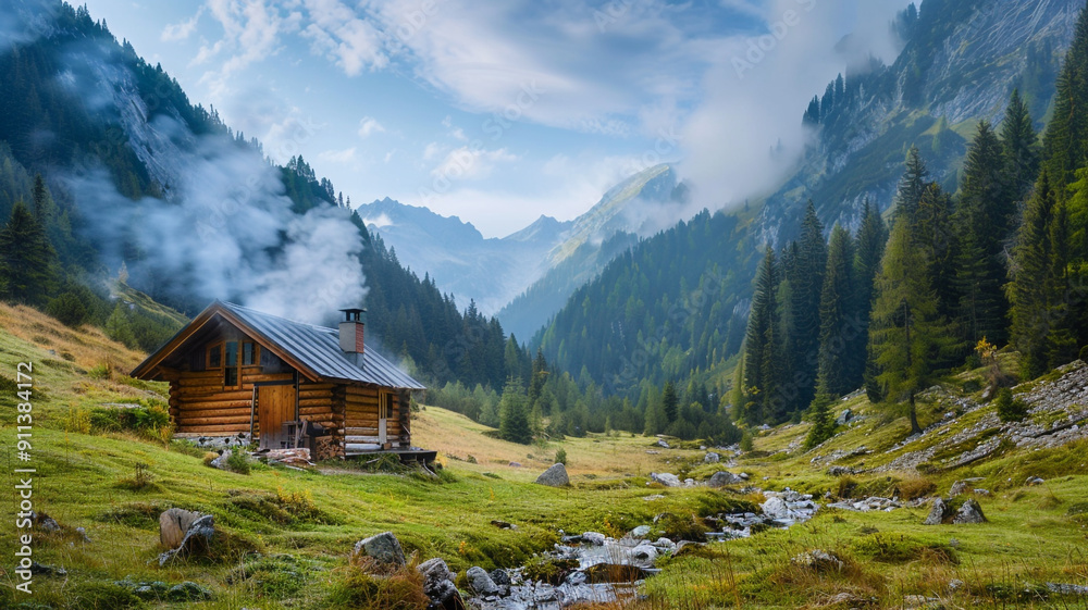 A peaceful trough valley with a small wooden cabin and smoke rising from the chimney A peaceful trough valley with a small wooden cabin and smoke rising from the chimney