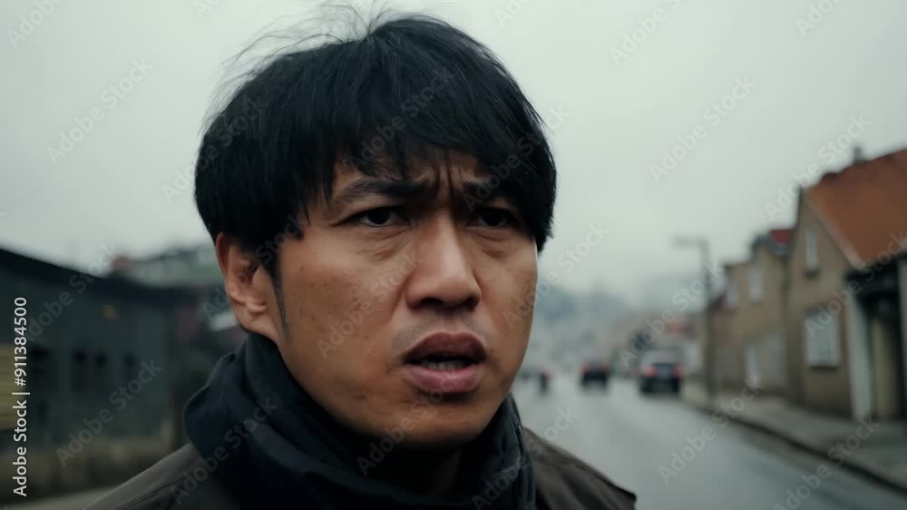 A close-up portrait of a man with a serious expression in a dark urban environment. A close-up portrait of a man with a serious expression in a dark urban environment.