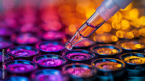 Close-up of a pipette adding liquid to a well plate in a laboratory setting, with vibrant colors in the background. photo