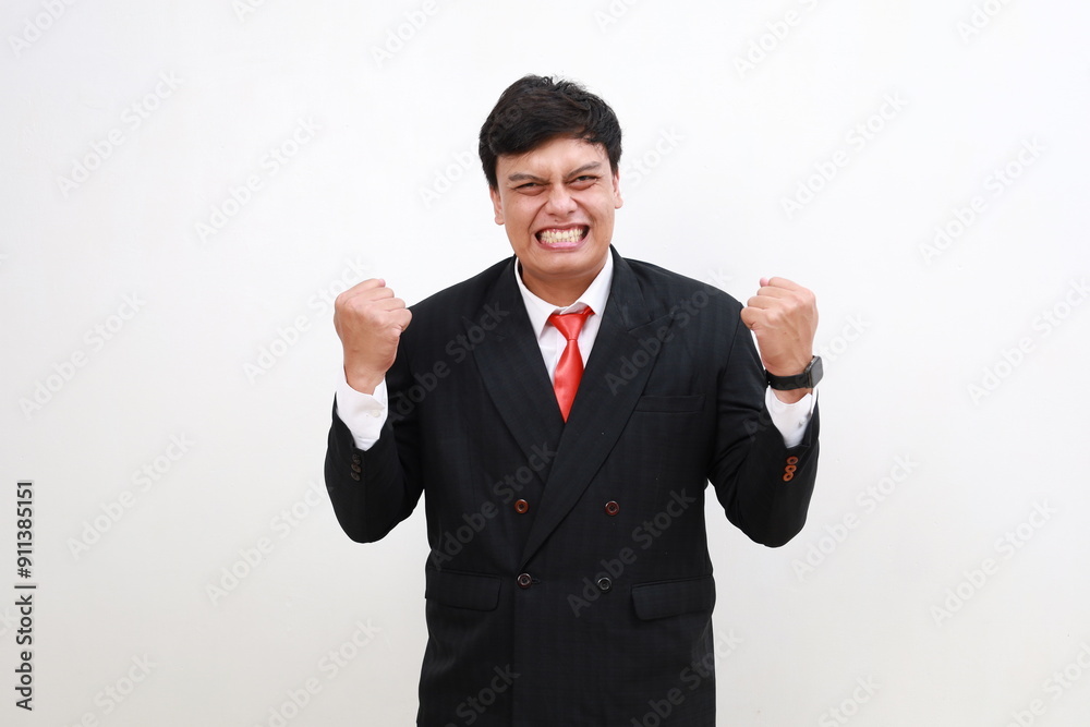 Young successful employee businessman corporate lawyer wear classic formal suit glasses work in office do winner gesture celebrate clenching fists isolated on white background studio
