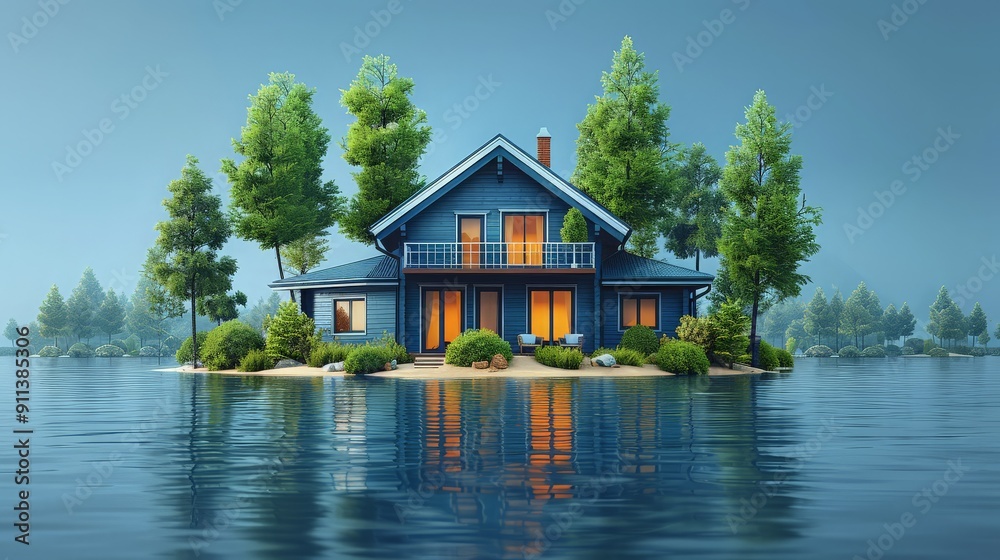 Obraz premium White house of dream with white fence, garden and trees on opened pages of magazine. Unusual 3d illustration. Travel and camping concept. ai generated