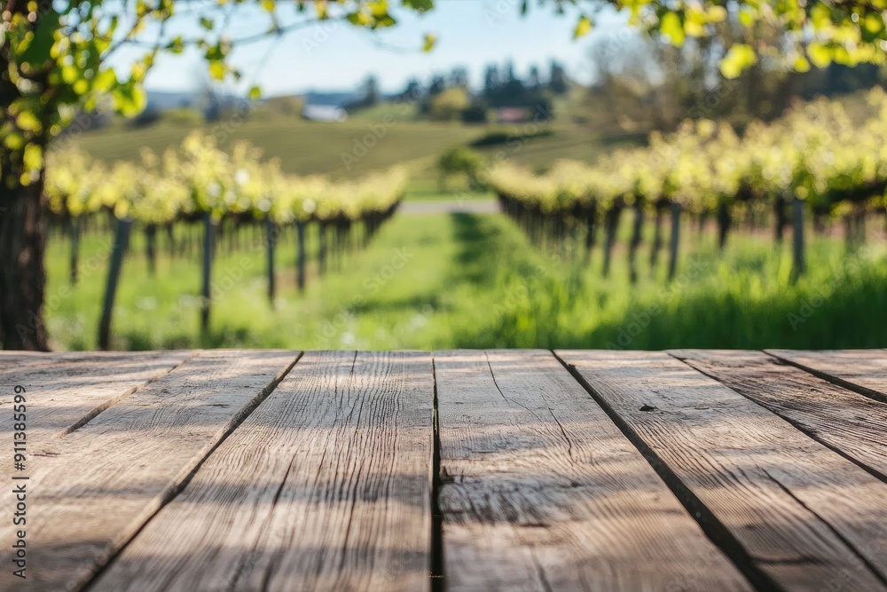 Wooden Tabletop with Defocused Vineyard Background Wooden Tabletop with Defocused Vineyard Background