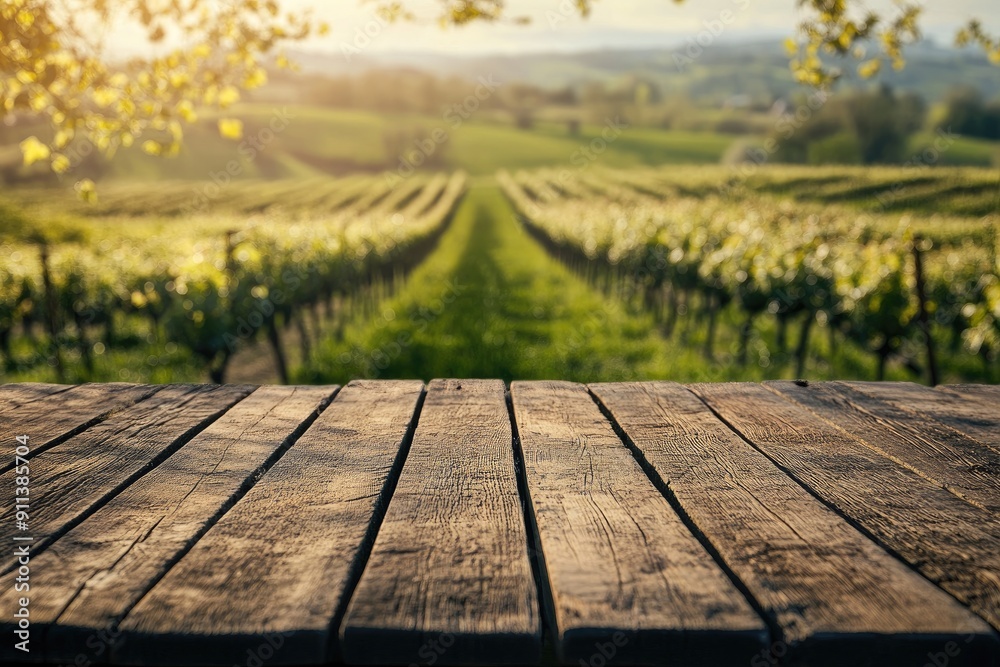 Wooden Tabletop with Blurred Vineyard Background Wooden Tabletop with Blurred Vineyard Background