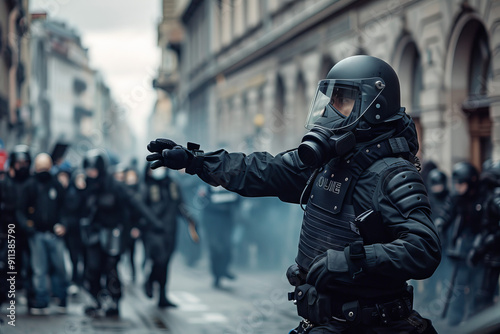 An officer wearing a police gas mask confronts a crowd of protesters