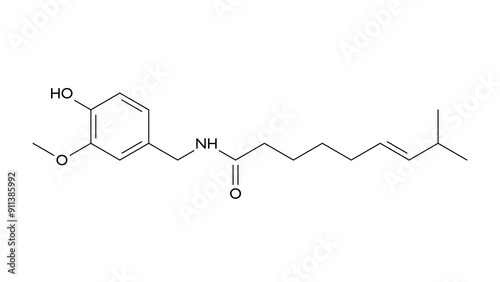 capsaicin molecule, structural chemical formula, ball-and-stick model, isolated image capsaicinoids photo