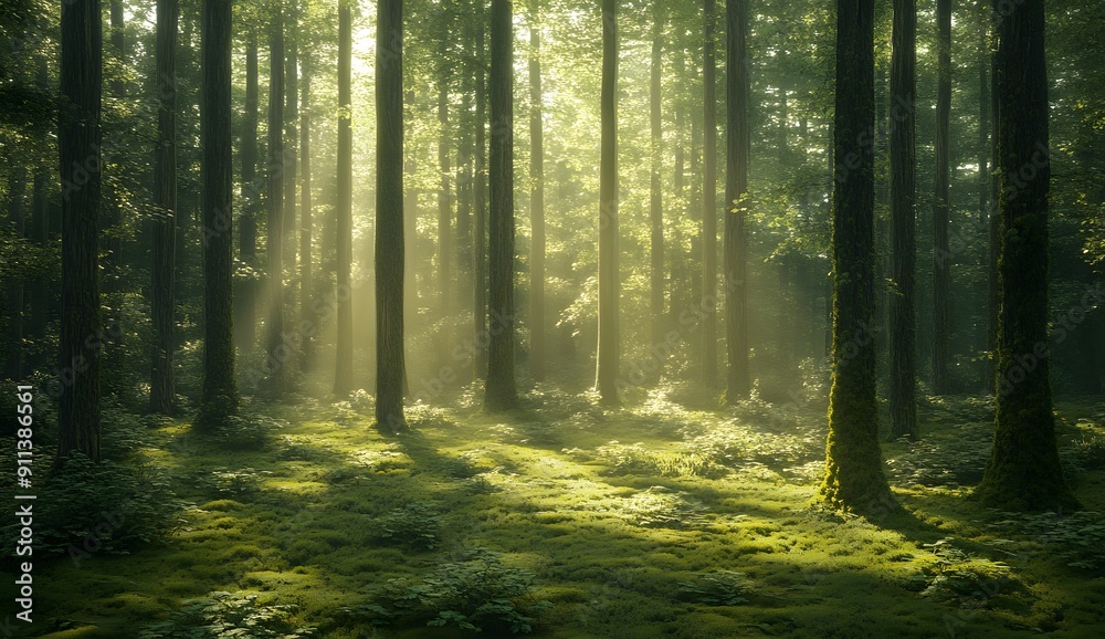 Obraz premium Sunlight filtering through tall trees in an ancient forest, creating dappled light on the lush green moss-covered ground.