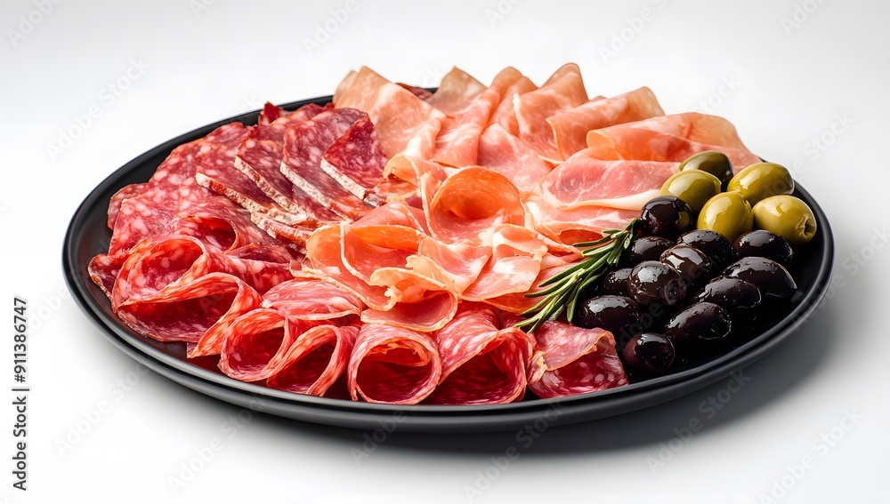 A black plate with various meat and ham slices arranged in an elegant pattern, accompanied by olives on the side. A black plate with various meat and ham slices arranged in an elegant pattern, accompanied by olives on the side.