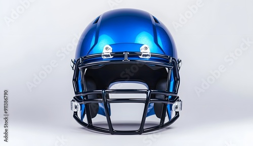 A blue football helmet with no face mask, on a white background, viewed from the front, in a hyper-realistic style for product photography.