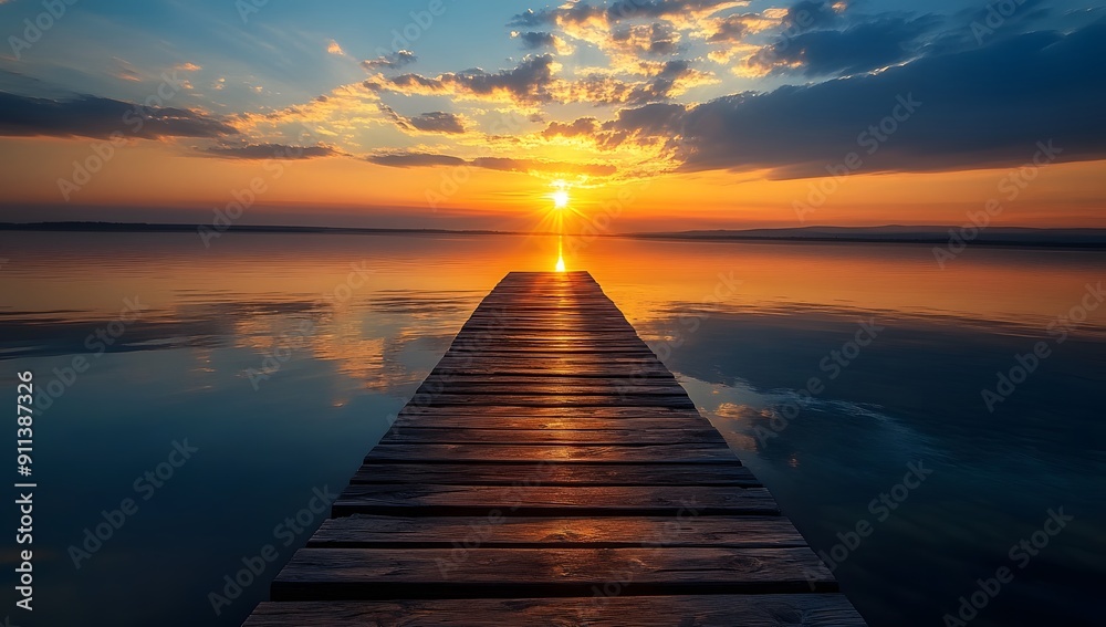 Fototapeta premium A wooden pier leading into the calm waters , with a beautiful sunset in the background. The water reflects both the sky's and sun's colors, creating an enchanting scene.