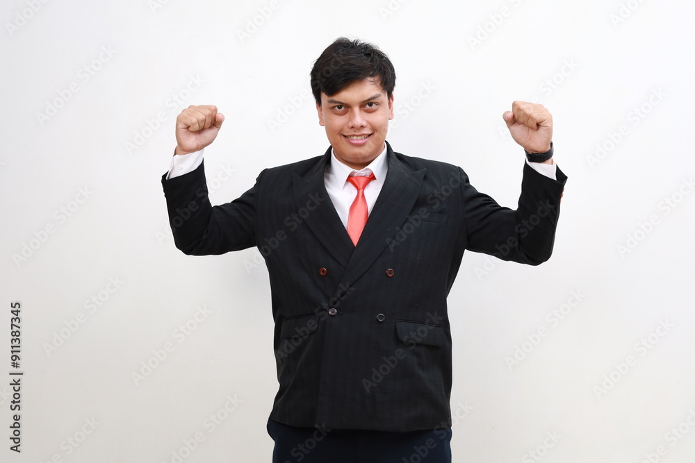 Adult strong happy fun successful employee business man corporate lawyer wear classic formal black suit shirt tie work in office show muscles on hand isolated on white background studio portrait Adult strong happy fun successful employee business man corporate lawyer wear classic formal black suit shirt tie work in office show muscles on hand isolated on white background studio portrait