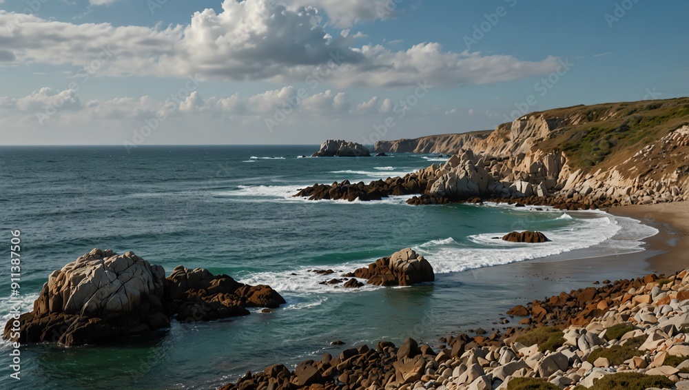 A rocky coastline with crashing waves and a sandy beach. A rocky coastline with crashing waves and a sandy beach.